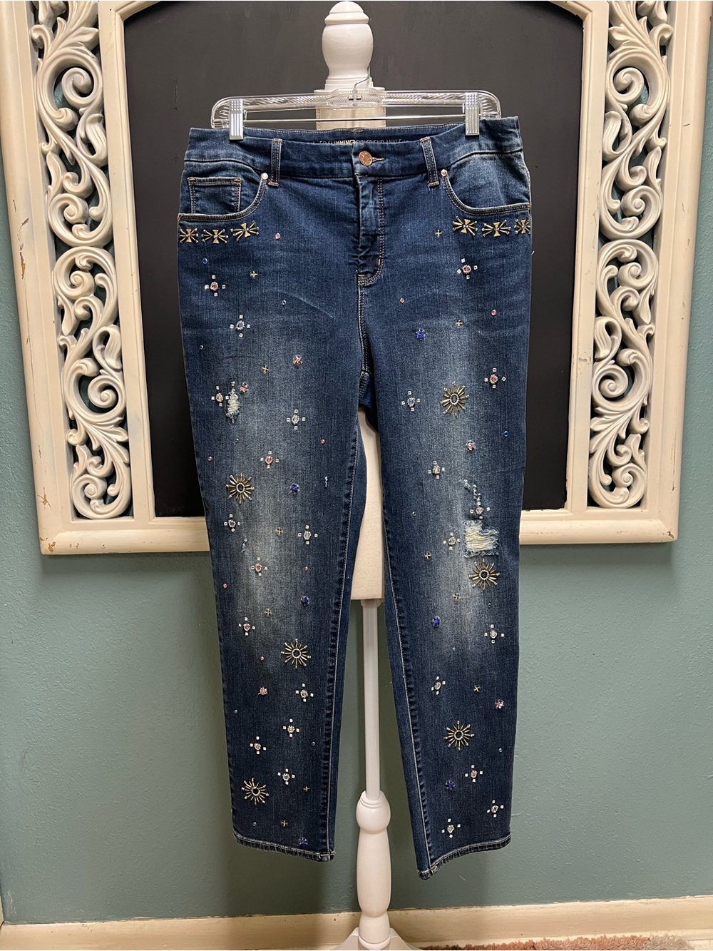 Chico’s so slimming girlfriend ankle beaded and distressed straight leg